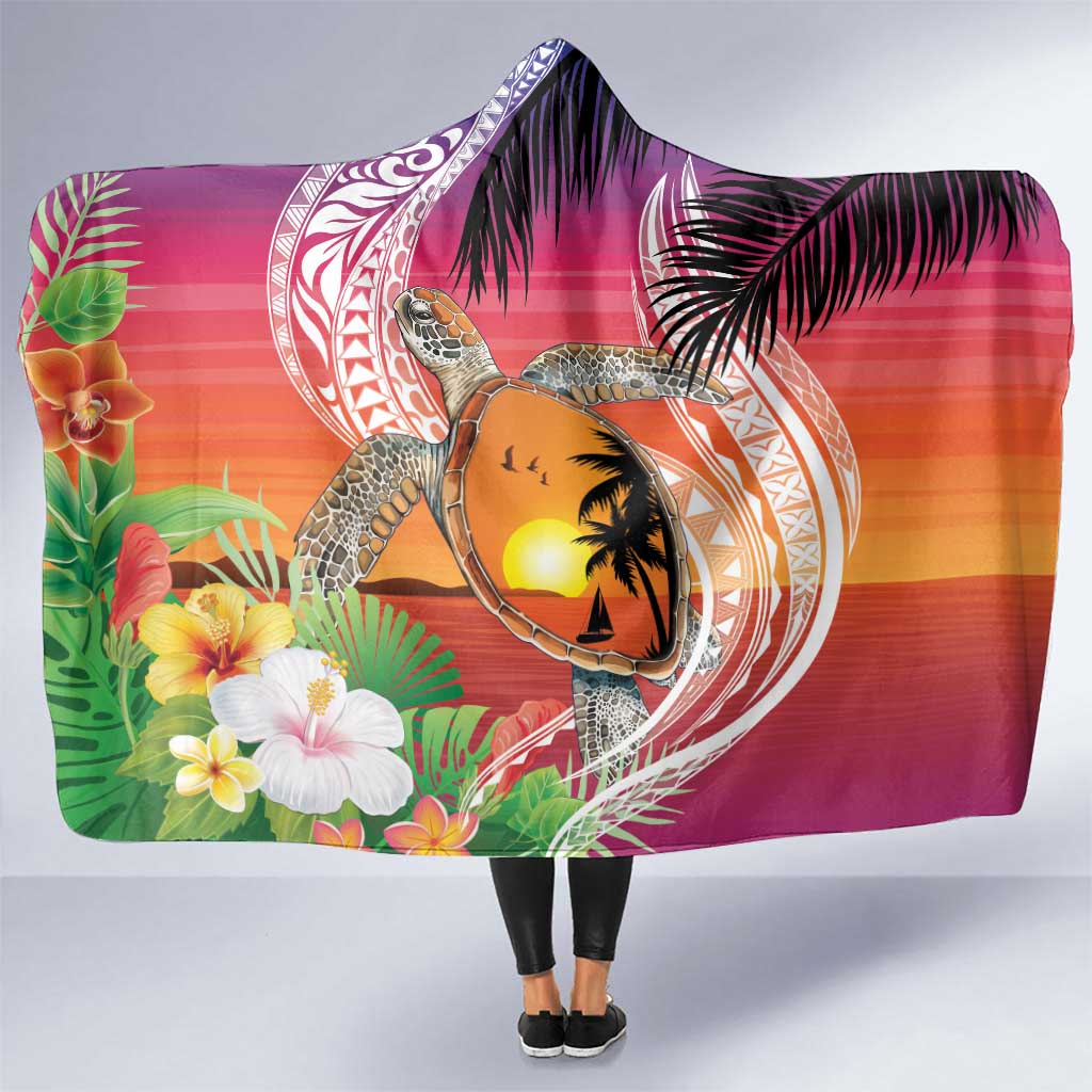 Polynesian Dreamy Turtle Hooded Blanket Sunset Scenery