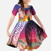 Polynesian Dreamy Turtle Kid Short Sleeve Dress Sunset Scenery