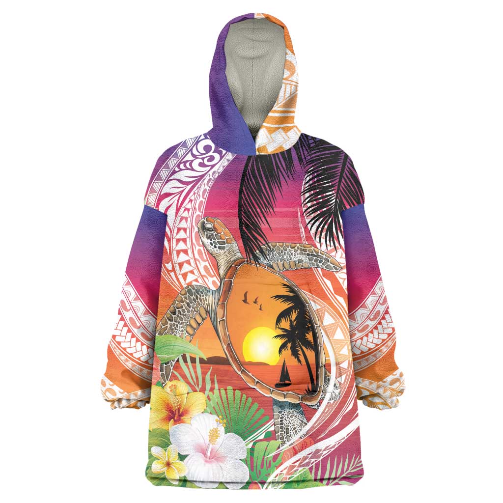 Polynesian Dreamy Turtle Wearable Blanket Hoodie Sunset Scenery