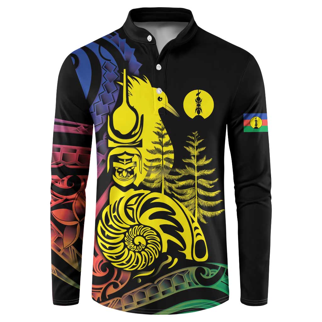 New Caledonia Kanaky Button Sweatshirt Stylized Fleche Faitiere With Kagu Bird