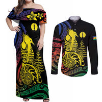 New Caledonia Kanaky Couples Matching Off Shoulder Maxi Dress and Long Sleeve Button Shirt Stylized Fleche Faitiere With Kagu Bird