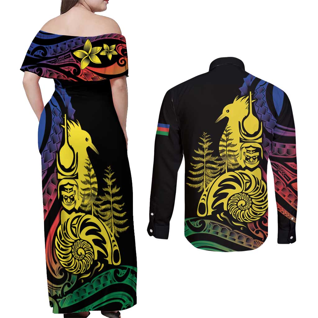 New Caledonia Kanaky Couples Matching Off Shoulder Maxi Dress and Long Sleeve Button Shirt Stylized Fleche Faitiere With Kagu Bird