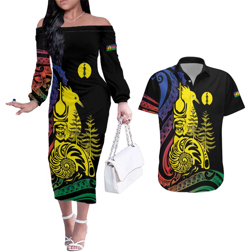 New Caledonia Kanaky Couples Matching Off The Shoulder Long Sleeve Dress and Hawaiian Shirt Stylized Fleche Faitiere With Kagu Bird