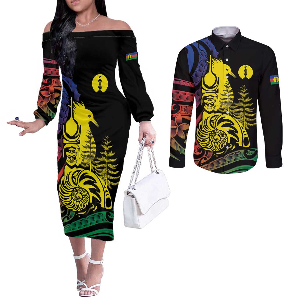 New Caledonia Kanaky Couples Matching Off The Shoulder Long Sleeve Dress and Long Sleeve Button Shirt Stylized Fleche Faitiere With Kagu Bird