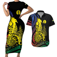 New Caledonia Kanaky Couples Matching Short Sleeve Bodycon Dress and Hawaiian Shirt Stylized Fleche Faitiere With Kagu Bird