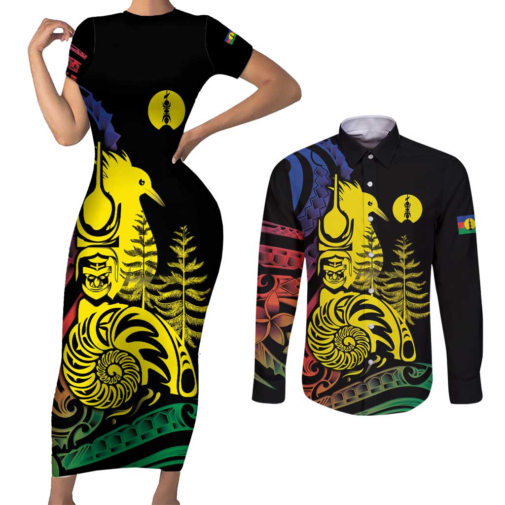 New Caledonia Kanaky Couples Matching Short Sleeve Bodycon Dress and Long Sleeve Button Shirt Stylized Fleche Faitiere With Kagu Bird