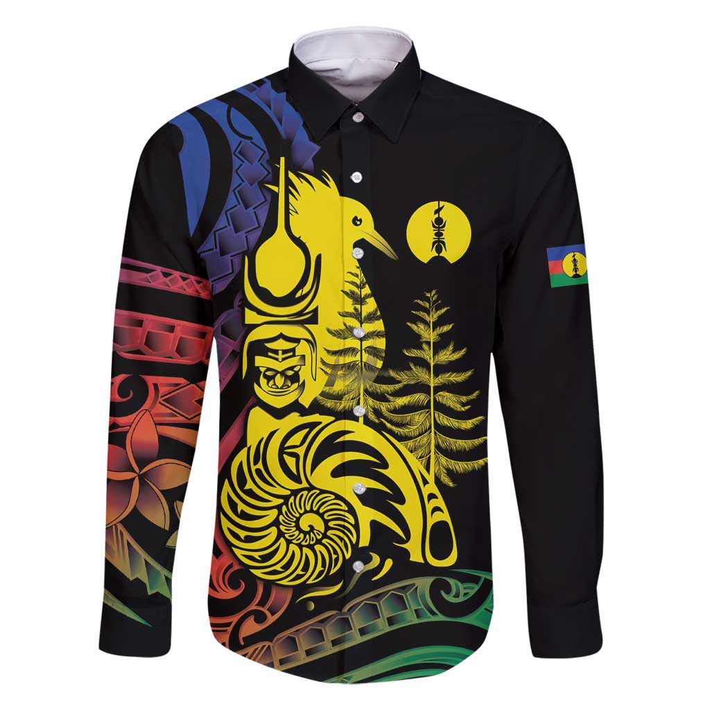 New Caledonia Kanaky Family Matching Long Sleeve Bodycon Dress and Hawaiian Shirt Stylized Fleche Faitiere With Kagu Bird