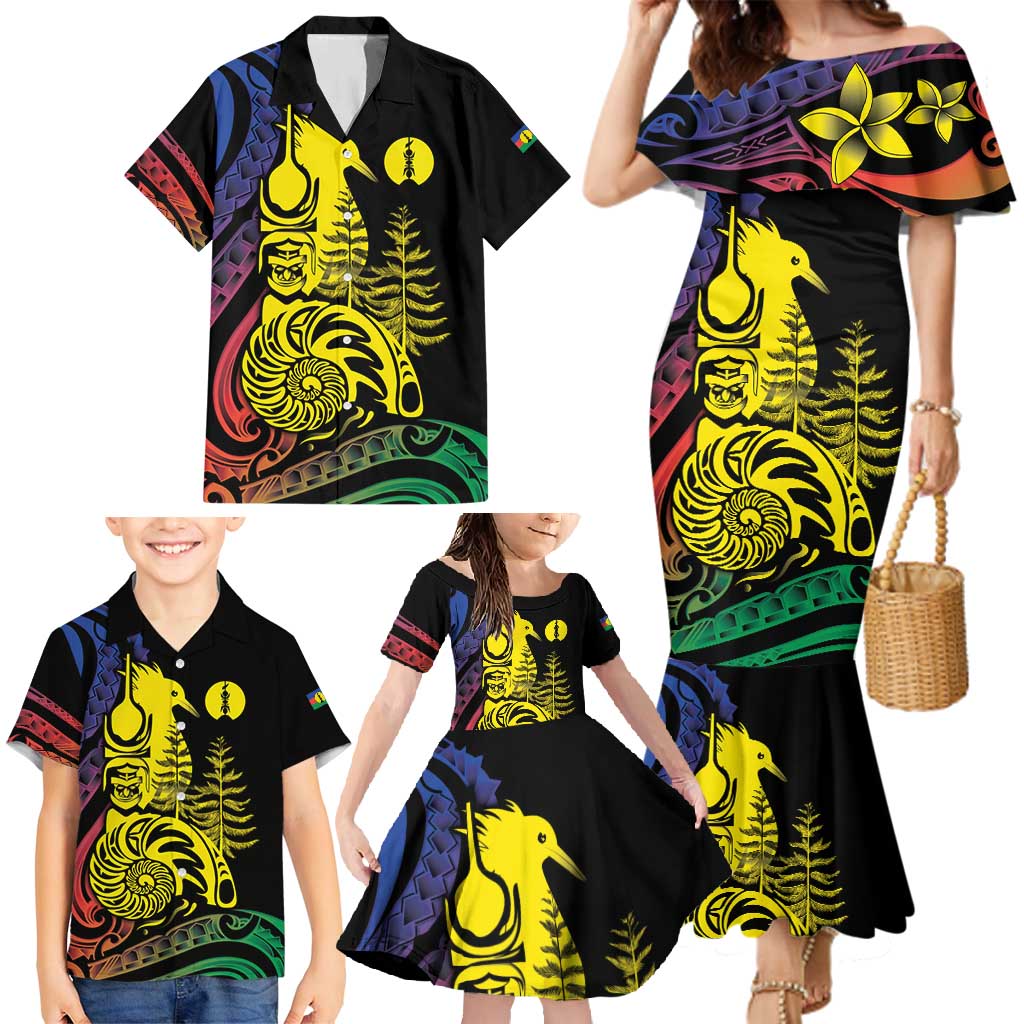 New Caledonia Kanaky Family Matching Mermaid Dress and Hawaiian Shirt Stylized Fleche Faitiere With Kagu Bird