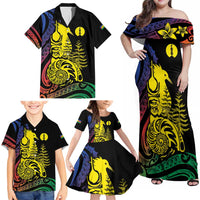 New Caledonia Kanaky Family Matching Off Shoulder Maxi Dress and Hawaiian Shirt Stylized Fleche Faitiere With Kagu Bird