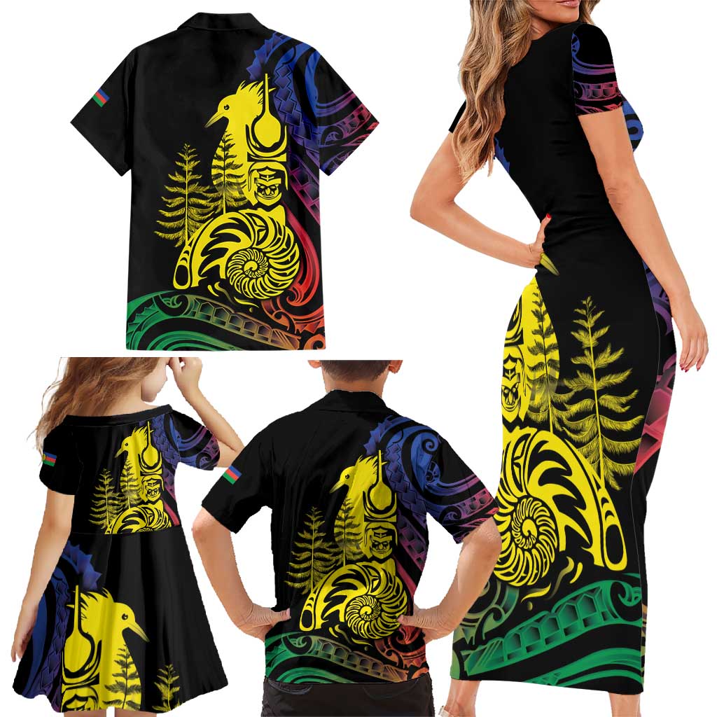 New Caledonia Kanaky Family Matching Short Sleeve Bodycon Dress and Hawaiian Shirt Stylized Fleche Faitiere With Kagu Bird