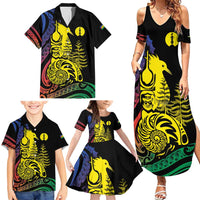 New Caledonia Kanaky Family Matching Summer Maxi Dress and Hawaiian Shirt Stylized Fleche Faitiere With Kagu Bird