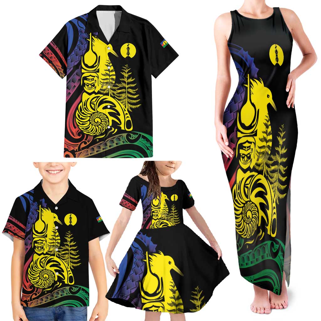 New Caledonia Kanaky Family Matching Tank Maxi Dress and Hawaiian Shirt Stylized Fleche Faitiere With Kagu Bird
