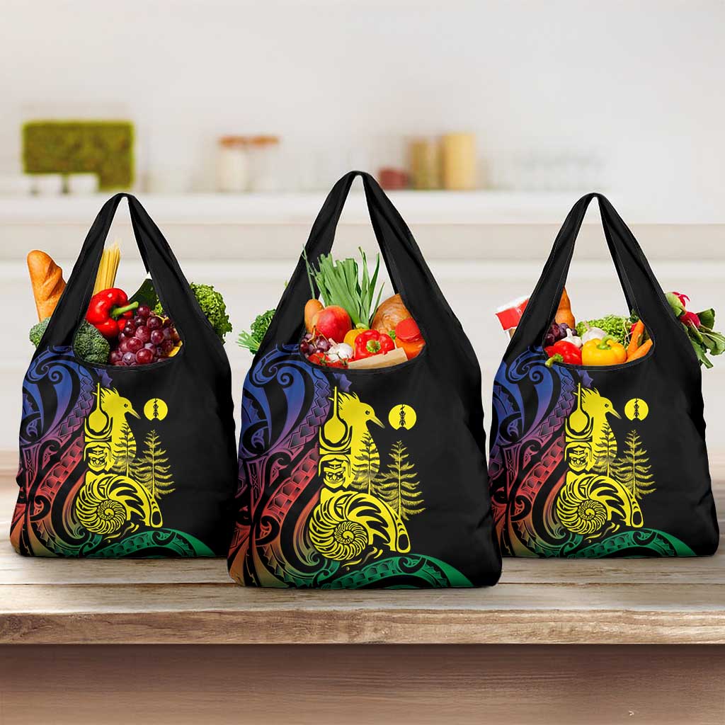 New Caledonia Kanaky Grocery Bag Stylized Fleche Faitiere With Kagu Bird