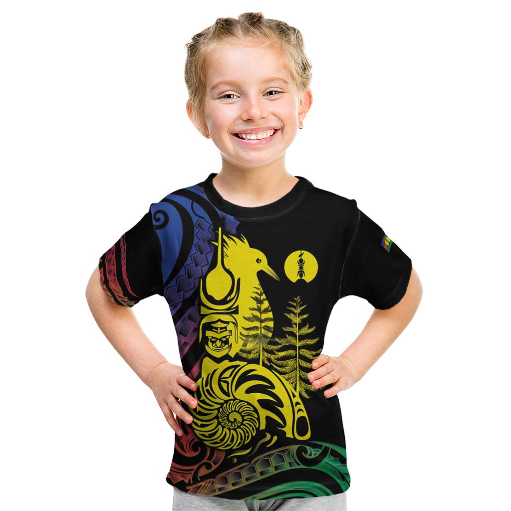 New Caledonia Kanaky Kid T Shirt Stylized Fleche Faitiere With Kagu Bird