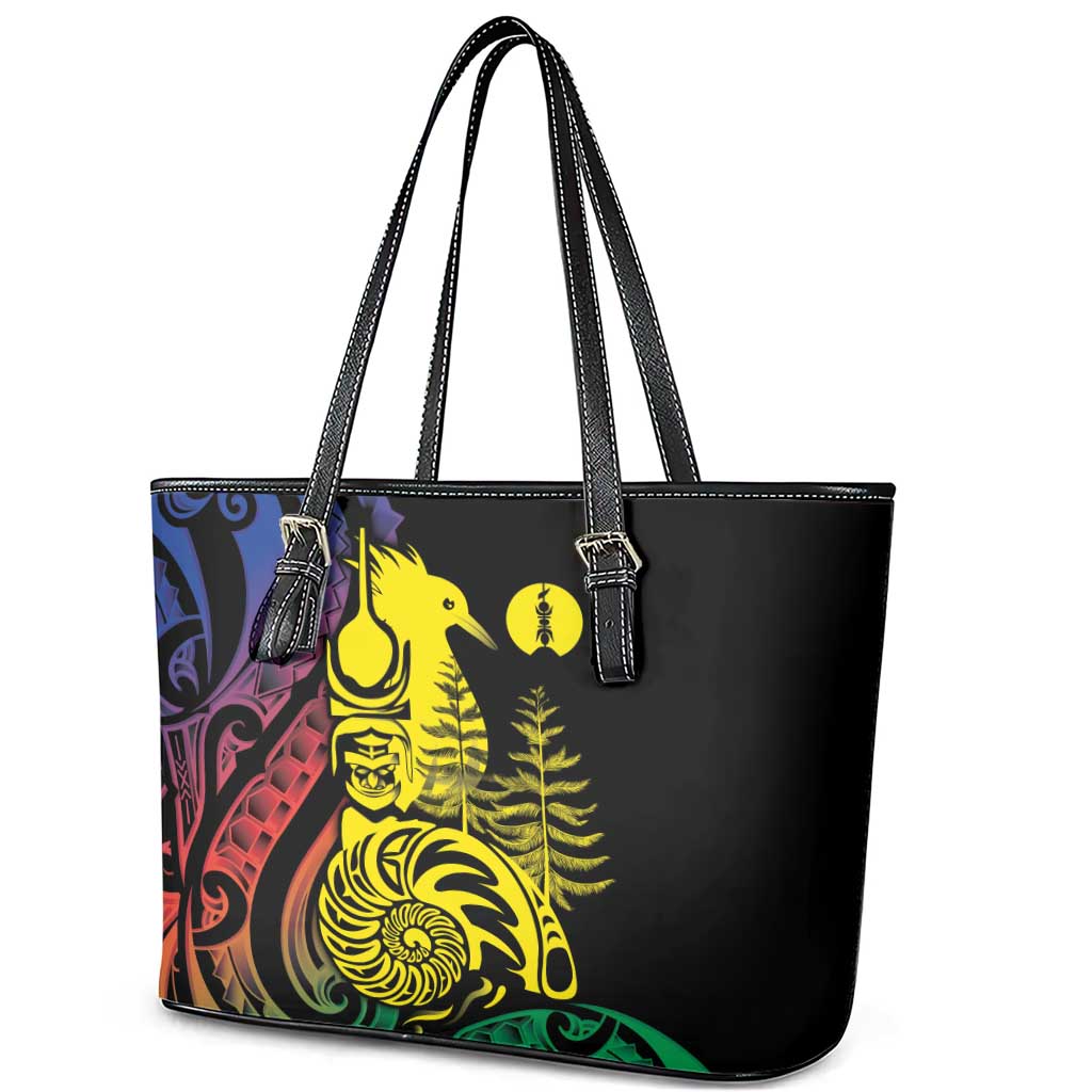 New Caledonia Kanaky Leather Tote Bag Stylized Fleche Faitiere With Kagu Bird