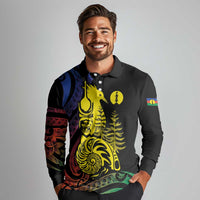 New Caledonia Kanaky Long Sleeve Polo Shirt Stylized Fleche Faitiere With Kagu Bird