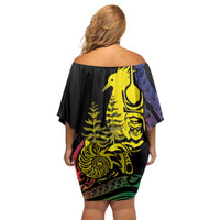 New Caledonia Kanaky Off Shoulder Short Dress Stylized Fleche Faitiere With Kagu Bird