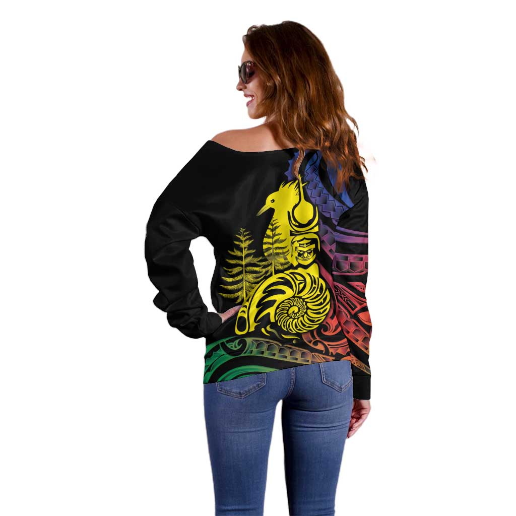 New Caledonia Kanaky Off Shoulder Sweater Stylized Fleche Faitiere With Kagu Bird