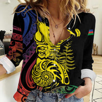 New Caledonia Kanaky Women Casual Shirt Stylized Fleche Faitiere With Kagu Bird