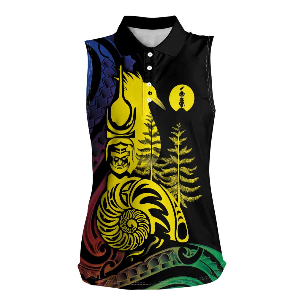 New Caledonia Kanaky Women Sleeveless Polo Shirt Stylized Fleche Faitiere With Kagu Bird