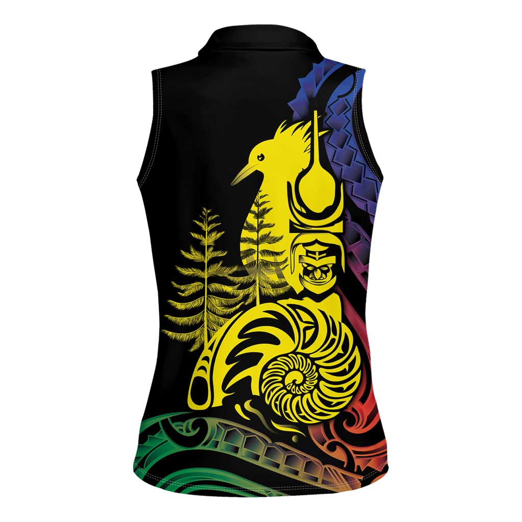New Caledonia Kanaky Women Sleeveless Polo Shirt Stylized Fleche Faitiere With Kagu Bird