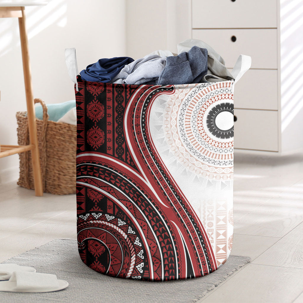 Bula Fiji Vintage Tapa Laundry Basket Kaivity Masi Wave Motifs - Red LT7 Red - Polynesian Pride