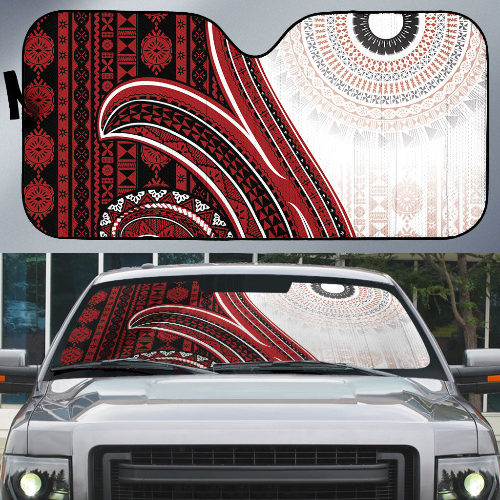 Bula Fiji Vintage Tapa Auto Sun Shade Kaivity Masi Wave Motifs - Red