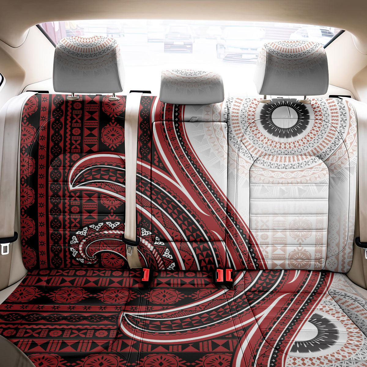 Bula Fiji Vintage Tapa Back Car Seat Cover Kaivity Masi Wave Motifs - Red
