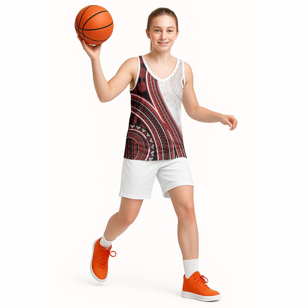 Bula Fiji Vintage Tapa Basketball Jersey Kaivity Masi Wave Motifs - Red