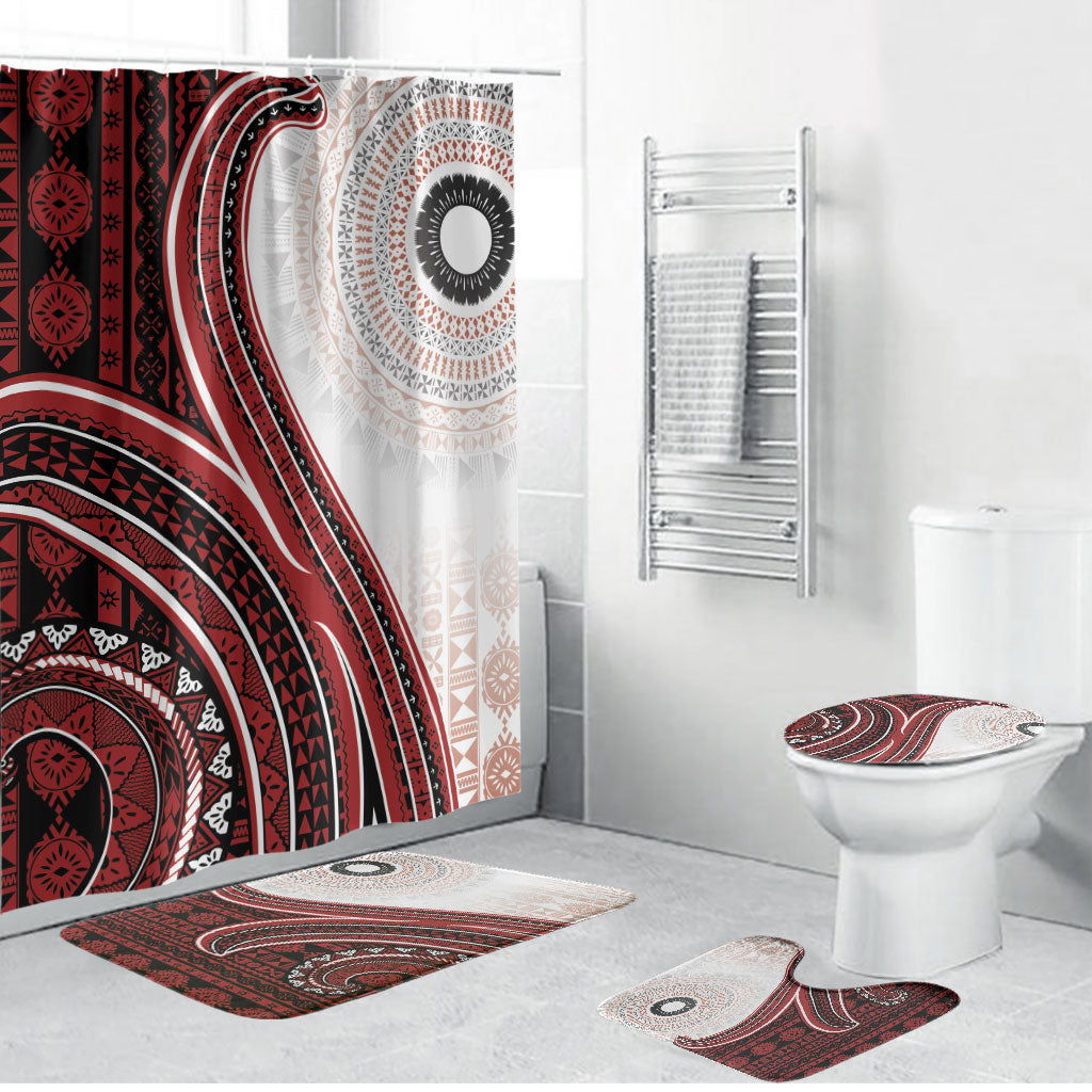 Bula Fiji Vintage Tapa Bathroom Set Kaivity Masi Wave Motifs - Red