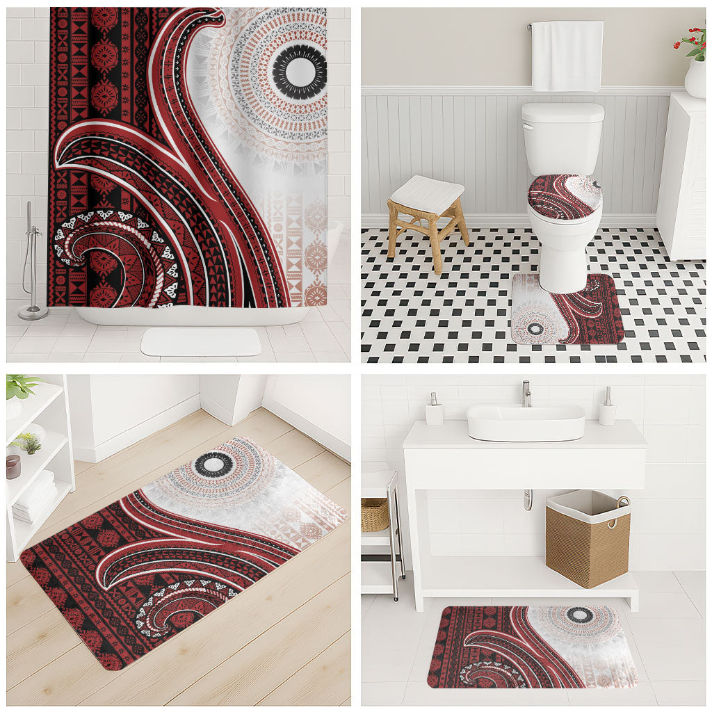 Bula Fiji Vintage Tapa Bathroom Set Kaivity Masi Wave Motifs - Red