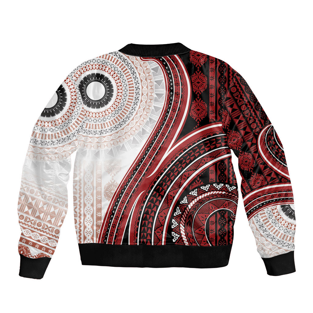Bula Fiji Vintage Tapa Bomber Jacket Kaivity Masi Wave Motifs - Red LT7 - Polynesian Pride