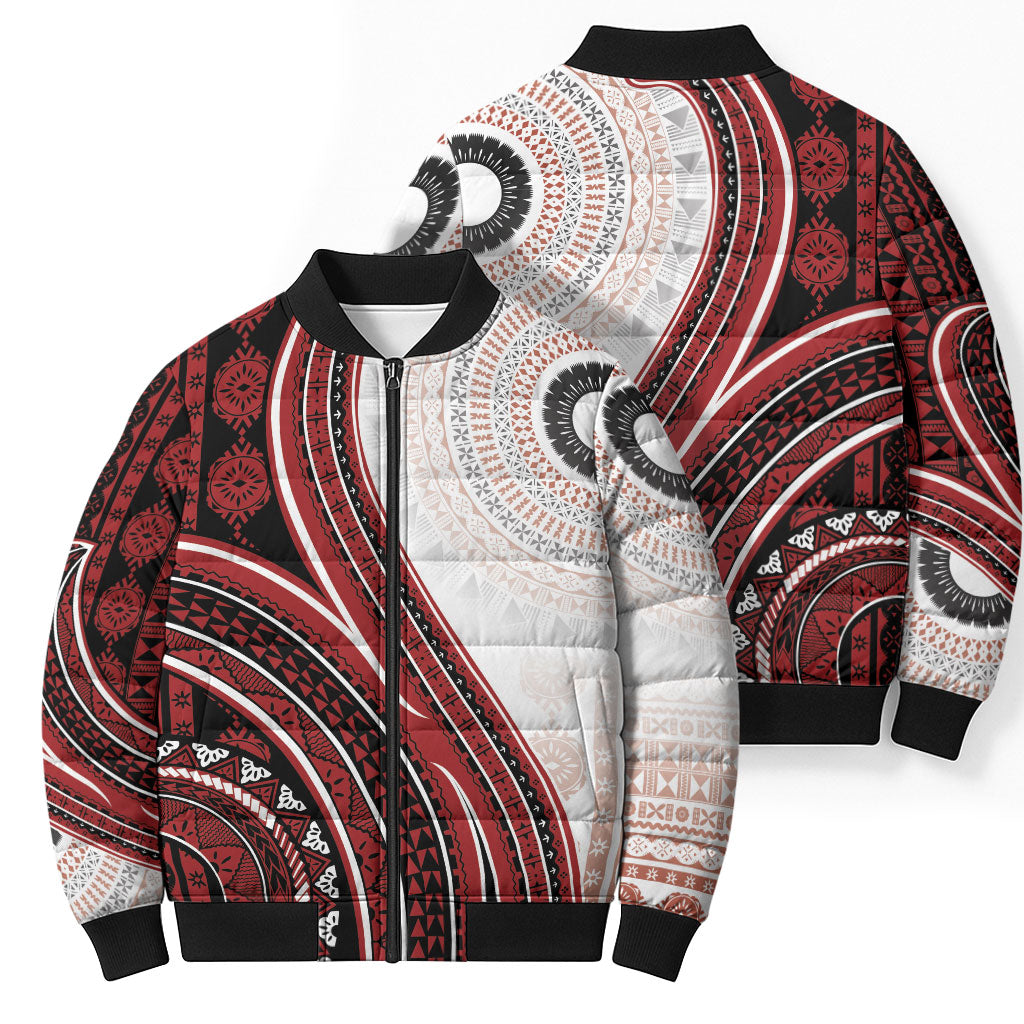 Bula Fiji Vintage Tapa Bomber Puffer Jacket Kaivity Masi Wave Motifs - Red