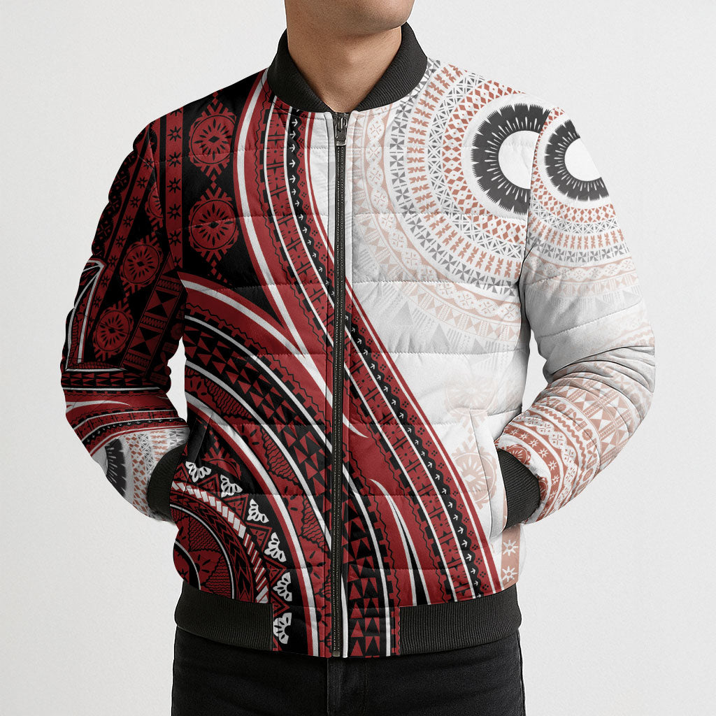 Bula Fiji Vintage Tapa Bomber Puffer Jacket Kaivity Masi Wave Motifs - Red