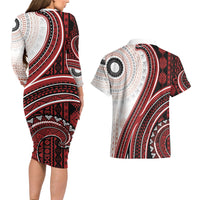 Bula Fiji Vintage Tapa Couples Matching Long Sleeve Bodycon Dress and Hawaiian Shirt Kaivity Masi Wave Motifs - Red