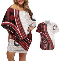 Bula Fiji Vintage Tapa Couples Matching Off Shoulder Short Dress and Hawaiian Shirt Kaivity Masi Wave Motifs - Red