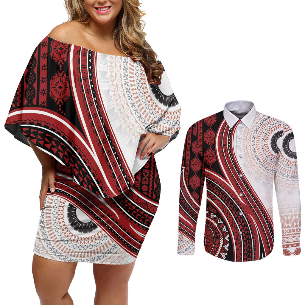Bula Fiji Vintage Tapa Couples Matching Off Shoulder Short Dress and Long Sleeve Button Shirt Kaivity Masi Wave Motifs - Red
