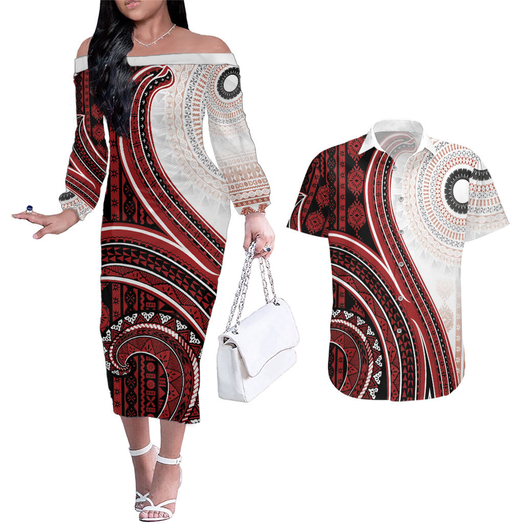 Bula Fiji Vintage Tapa Couples Matching Off The Shoulder Long Sleeve Dress and Hawaiian Shirt Kaivity Masi Wave Motifs - Red