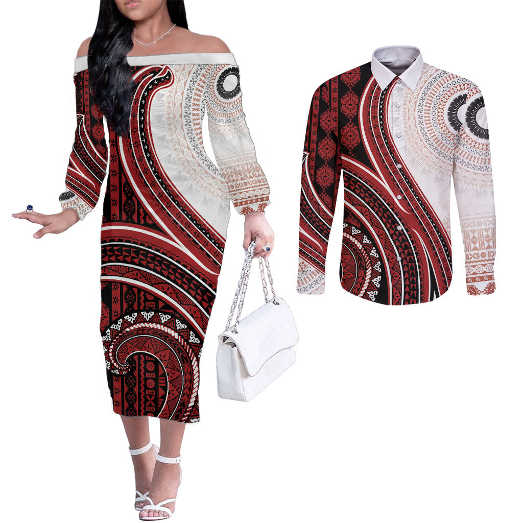 Bula Fiji Vintage Tapa Couples Matching Off The Shoulder Long Sleeve Dress and Long Sleeve Button Shirt Kaivity Masi Wave Motifs - Red