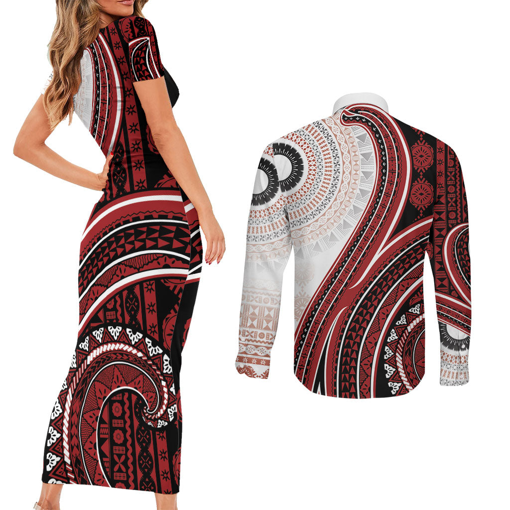 Bula Fiji Vintage Tapa Couples Matching Short Sleeve Bodycon Dress and Long Sleeve Button Shirt Kaivity Masi Wave Motifs - Red