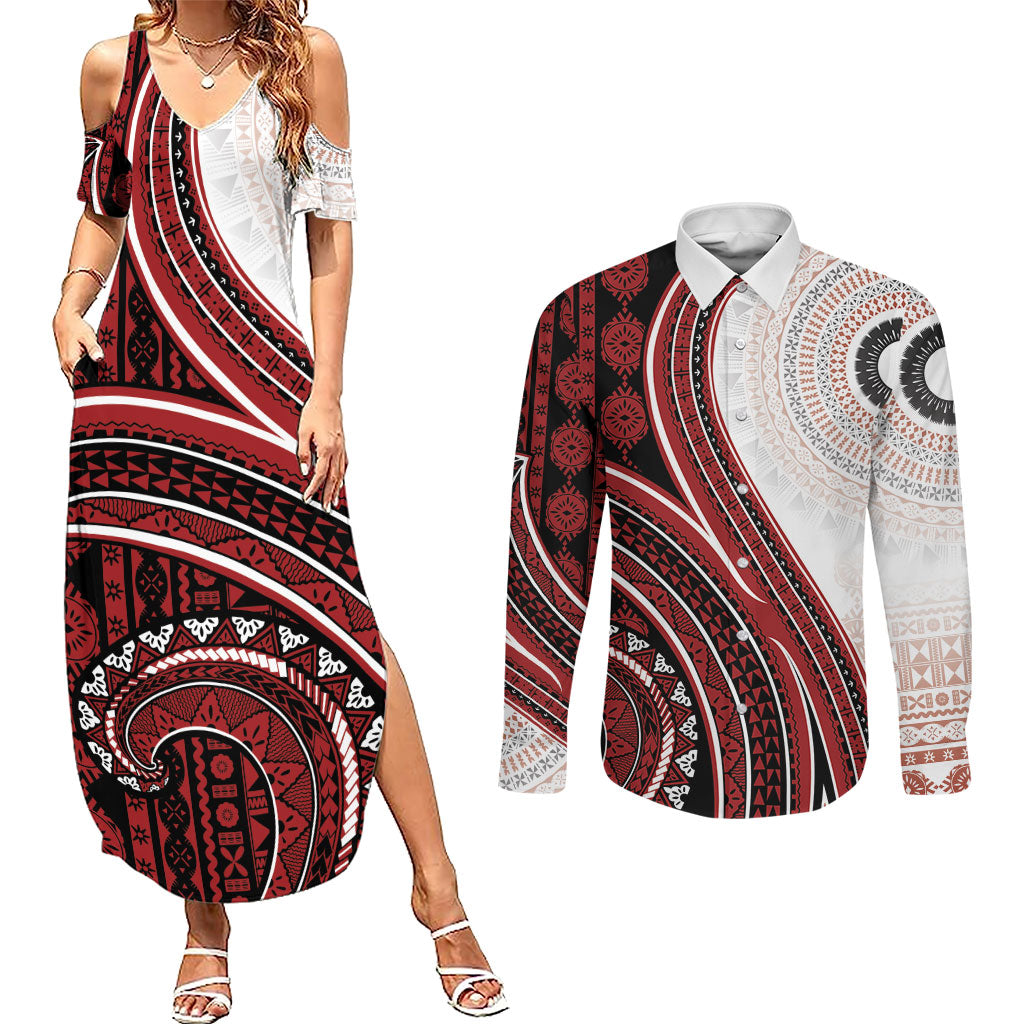 Bula Fiji Vintage Tapa Couples Matching Summer Maxi Dress and Long Sleeve Button Shirt Kaivity Masi Wave Motifs - Red