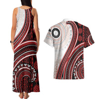 Bula Fiji Vintage Tapa Couples Matching Tank Maxi Dress and Hawaiian Shirt Kaivity Masi Wave Motifs - Red