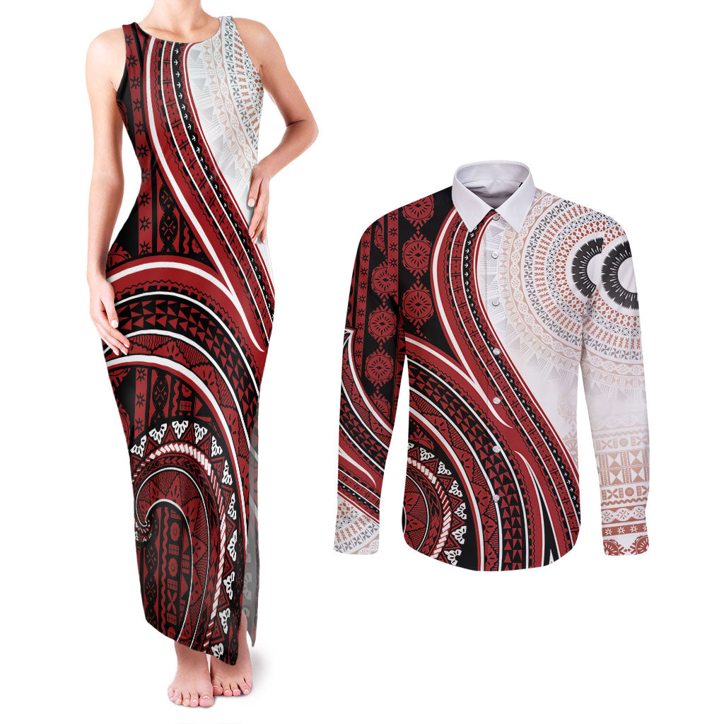 Bula Fiji Vintage Tapa Couples Matching Tank Maxi Dress and Long Sleeve Button Shirt Kaivity Masi Wave Motifs - Red