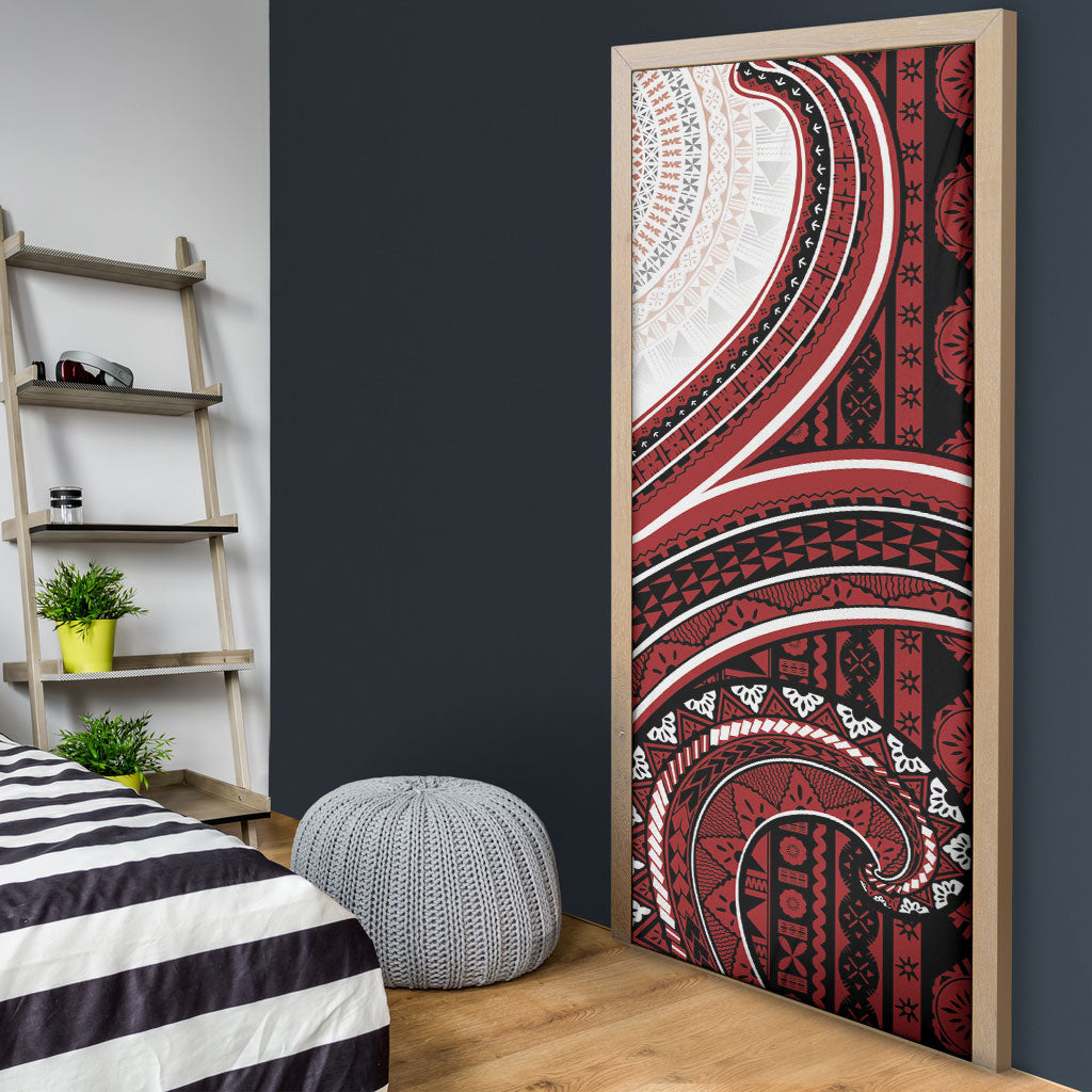 Bula Fiji Vintage Tapa Door Cover Kaivity Masi Wave Motifs - Red