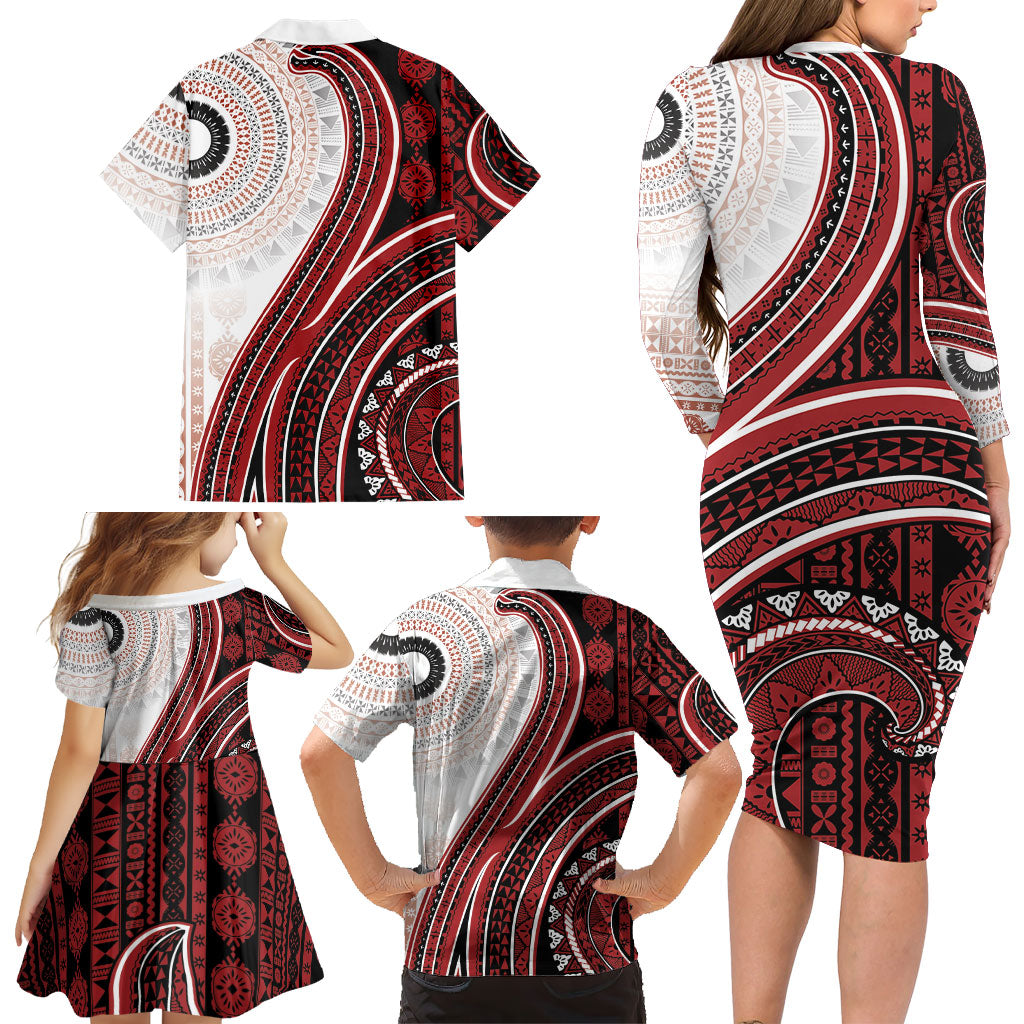 Bula Fiji Vintage Tapa Family Matching Long Sleeve Bodycon Dress and Hawaiian Shirt Kaivity Masi Wave Motifs - Red LT7 - Polynesian Pride