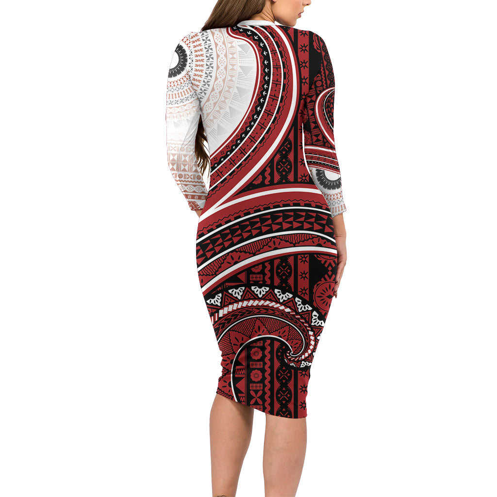 Bula Fiji Vintage Tapa Family Matching Long Sleeve Bodycon Dress and Hawaiian Shirt Kaivity Masi Wave Motifs - Red LT7 - Polynesian Pride
