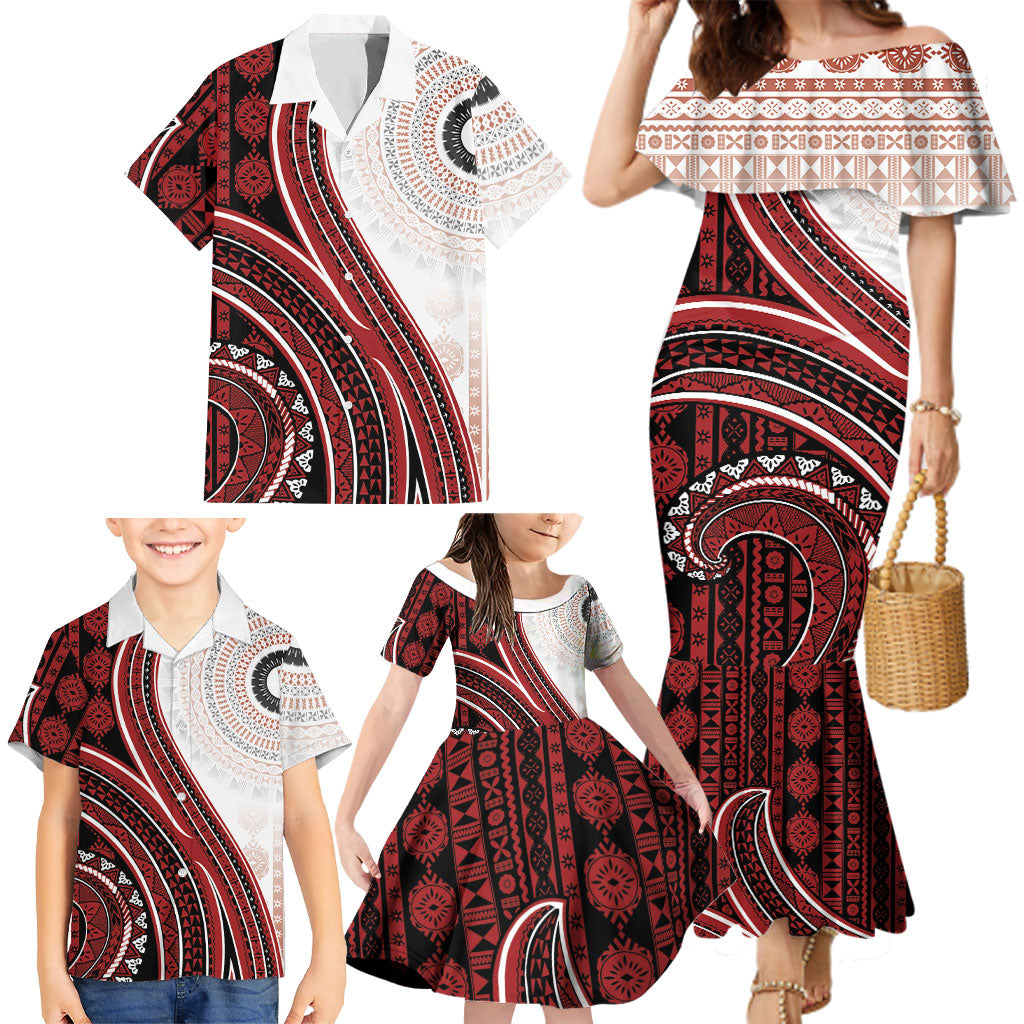 Bula Fiji Vintage Tapa Family Matching Mermaid Dress and Hawaiian Shirt Kaivity Masi Wave Motifs - Red LT7 - Polynesian Pride