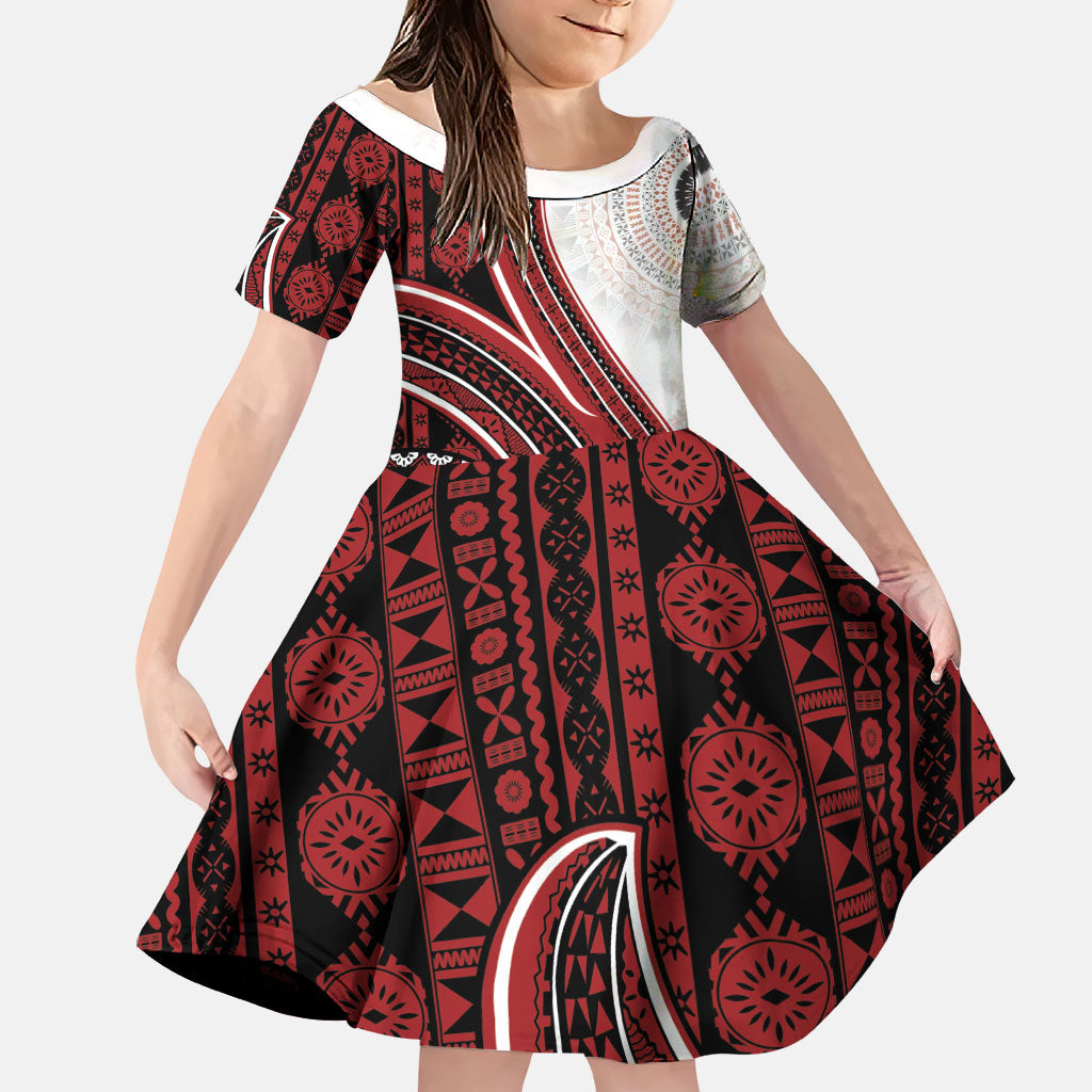 Bula Fiji Vintage Tapa Family Matching Off The Shoulder Long Sleeve Dress and Hawaiian Shirt Kaivity Masi Wave Motifs - Red LT7 Daughter's Dress Red - Polynesian Pride