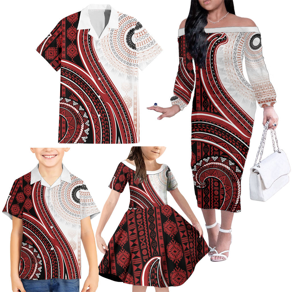 Bula Fiji Vintage Tapa Family Matching Off The Shoulder Long Sleeve Dress and Hawaiian Shirt Kaivity Masi Wave Motifs - Red LT7 - Polynesian Pride