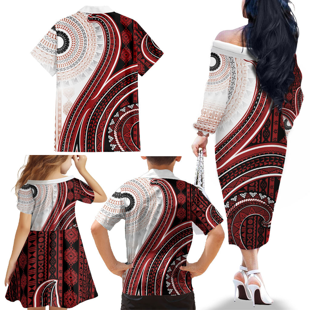 Bula Fiji Vintage Tapa Family Matching Off The Shoulder Long Sleeve Dress and Hawaiian Shirt Kaivity Masi Wave Motifs - Red LT7 - Polynesian Pride